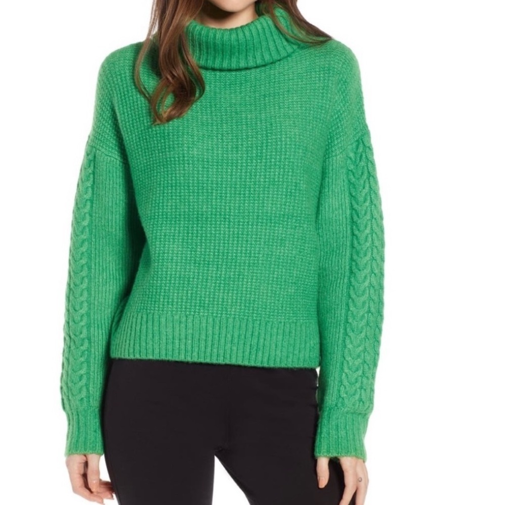 Something Navy Cable Knit Pullover Turtleneck Sweater Wool Blend Green Size XS